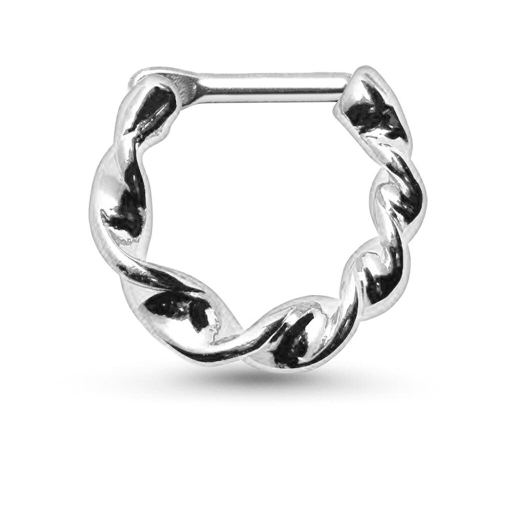 surgical steel hinged septum clicker featuring a twisted design