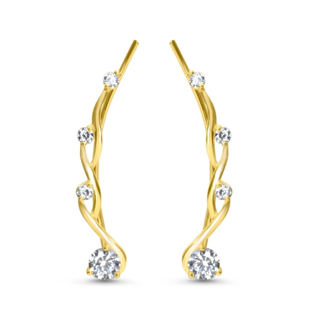 18K Yellow Gold plated 925 sterling silver ear vine crawler earring featuring a twisted wave design with 4 clear stones