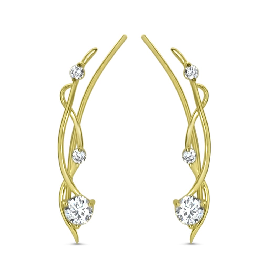 18K Yellow Gold plated 925 sterling silver ear vine crawler earring featuring a twisted wave design with 3 clear stones