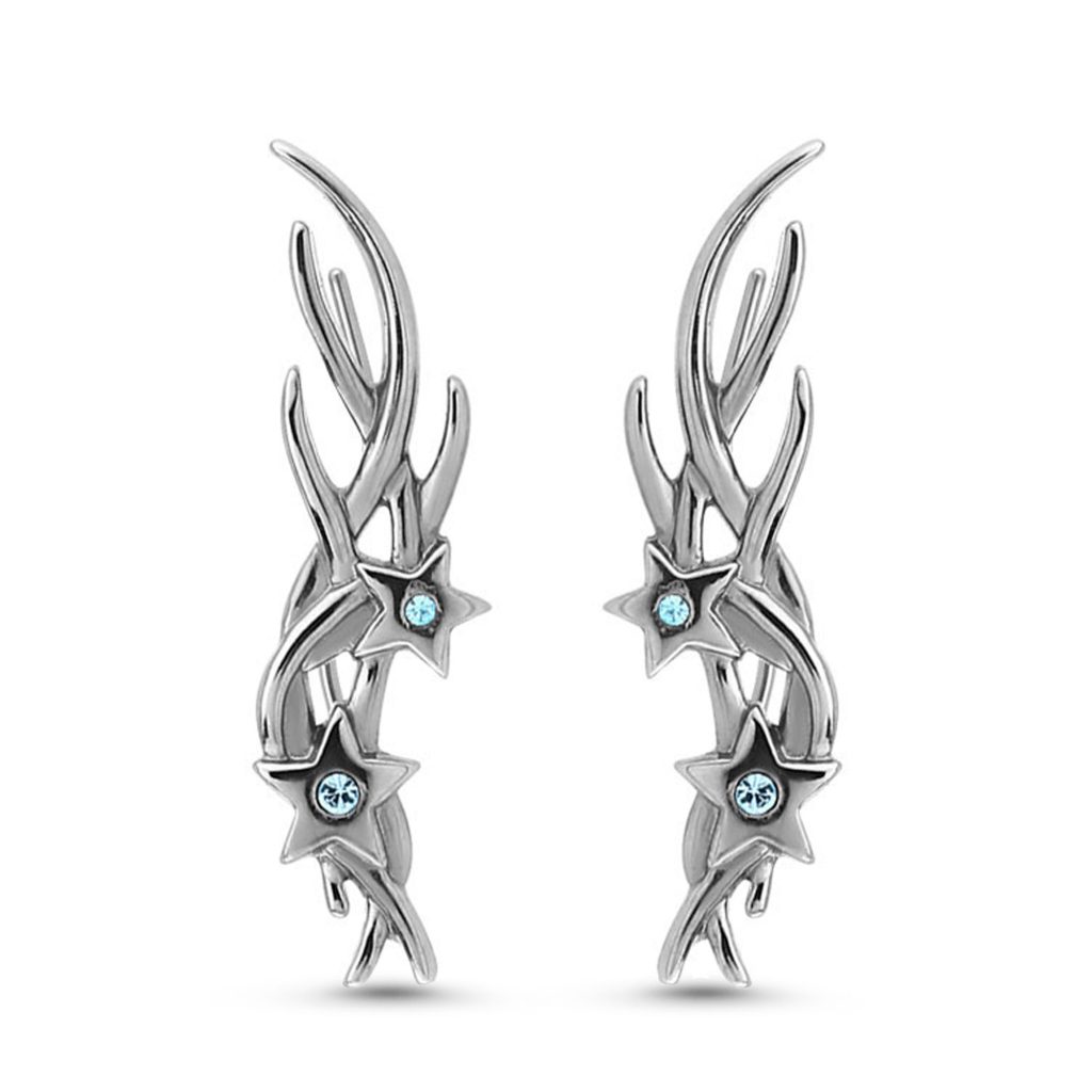 surgical steel ear vine crawler earring featuring a star design with aqua stones