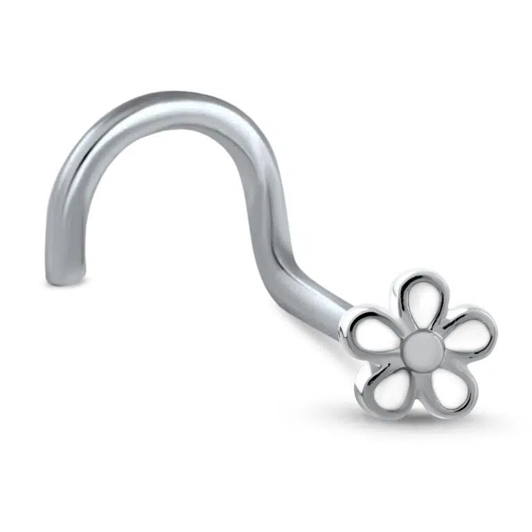 surgical steel Right Nose Screw stud featuring a White Plumeria Petal Flower design