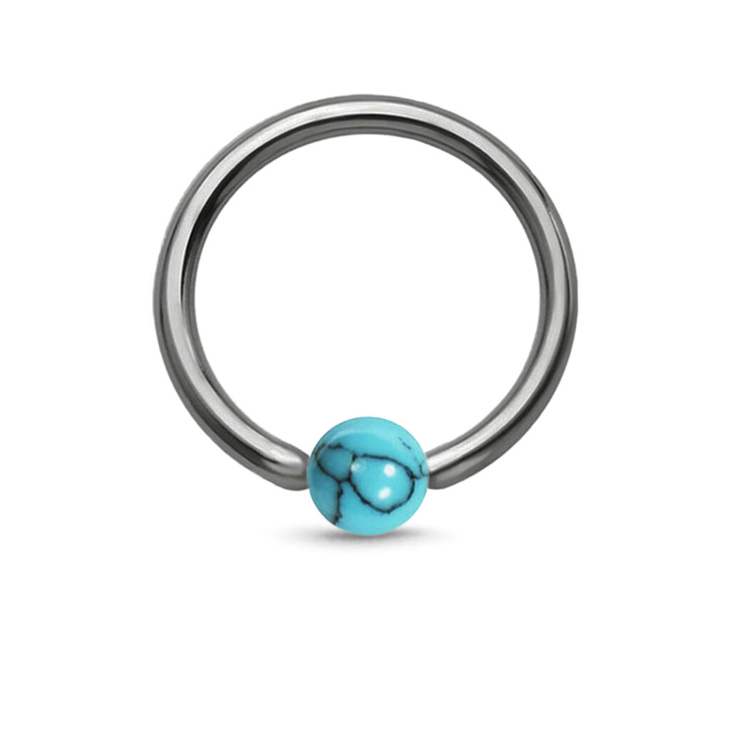 titanium captive hoop with a 3.2mm turquoise bead with black lines