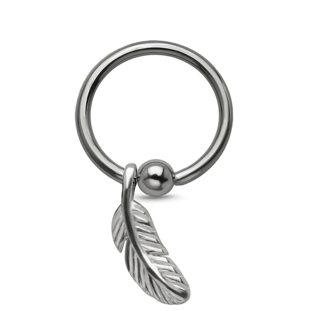 titanium captive bead hoop with a feather charm