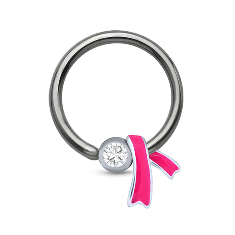 titanium captive hoop with a clear bead and a ribbon charm