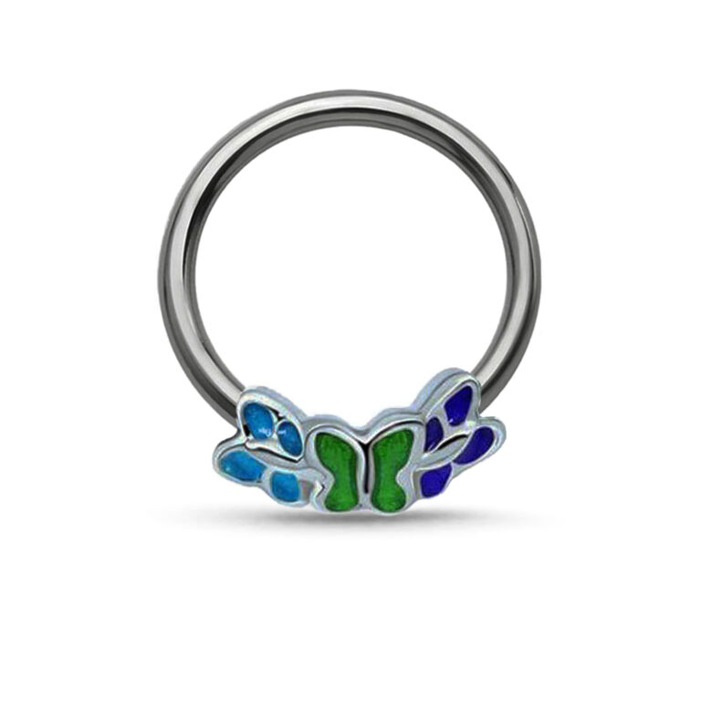 titanium captive hoop with a center triple butterfly charm