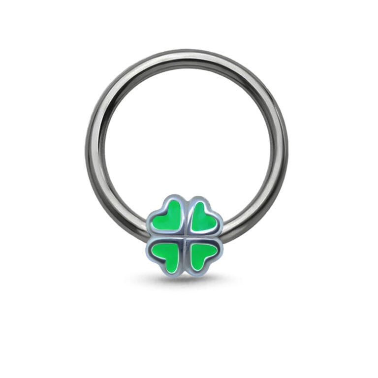 titanium captive hoop with a center four leaf clover charm