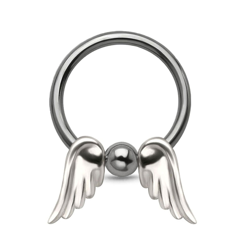 titanium captive bead hoop with an angel wing charm