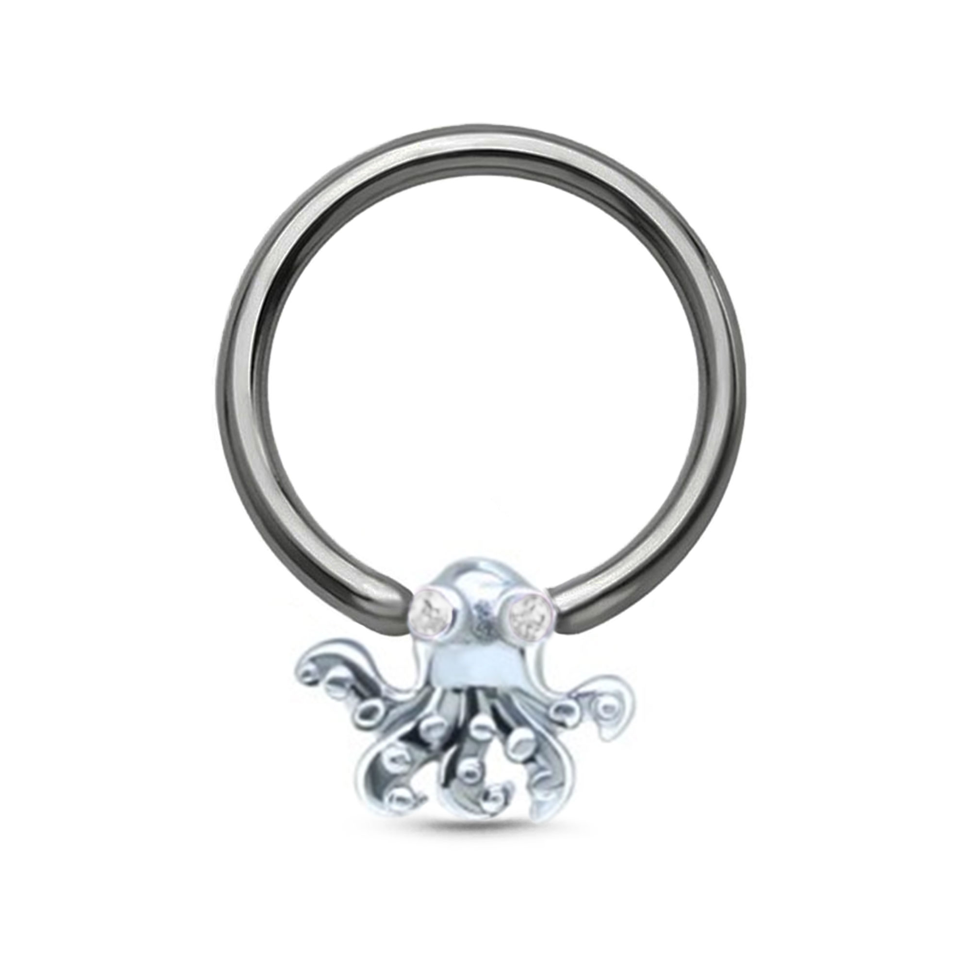 Octopus Charm Captive Bead CBR Nose Ring Hoop Ear Cartilage, Helix, Tragus Titanium