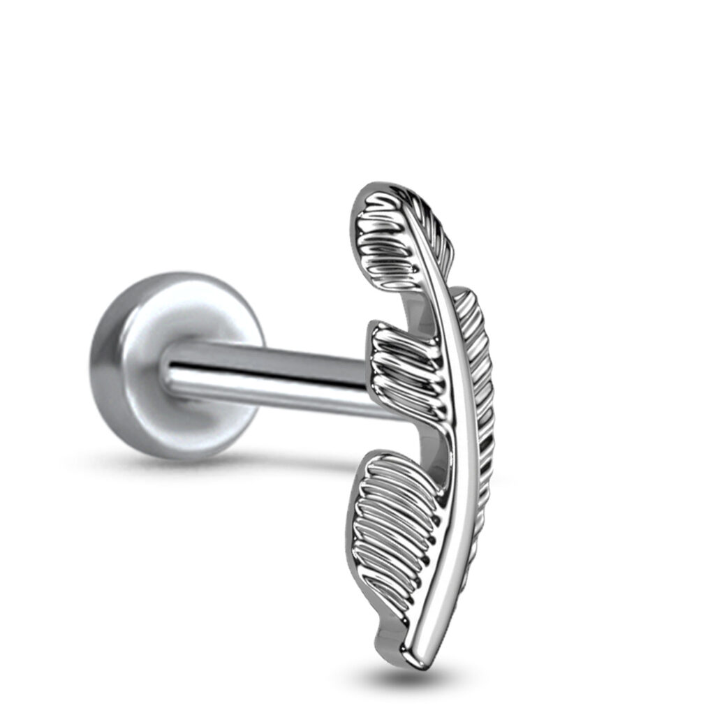 titanium push pin style labret stud featuring a steel feather design