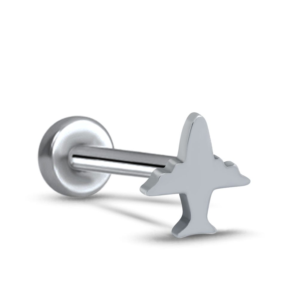 titanium push pin labret stud featuring an airplane design