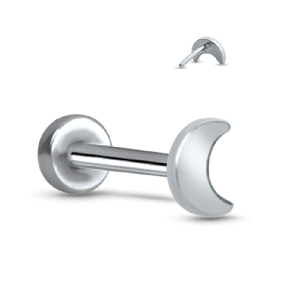 titanium push pin style labret stud featuring a moon design. Image also shows the back side of the moon insert
