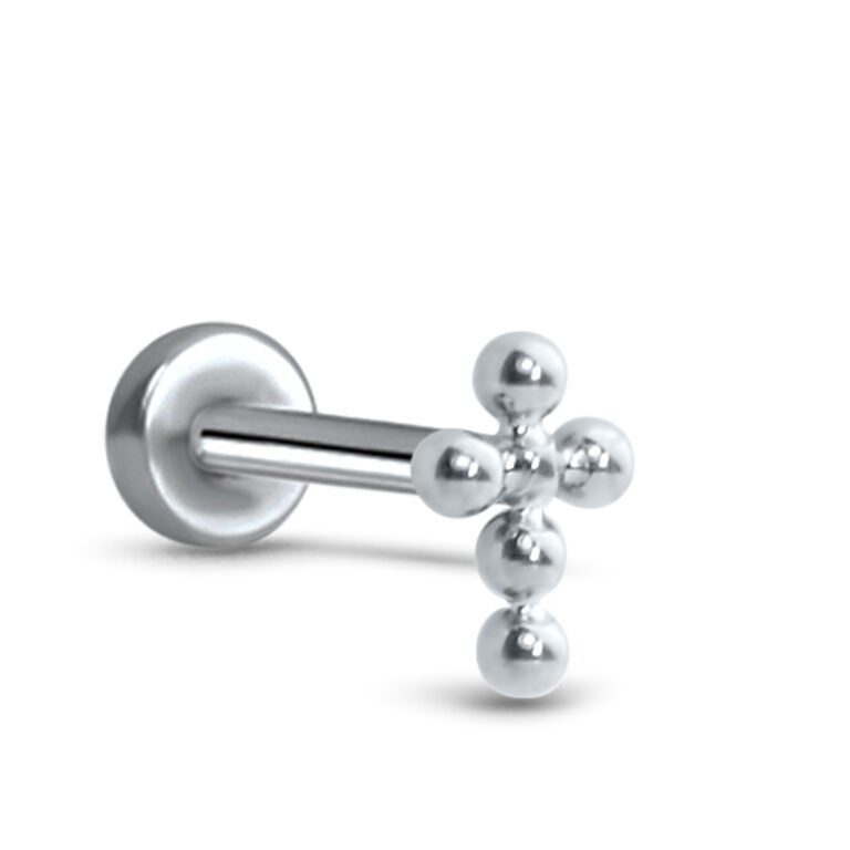 titanium push pin style labret stud featuring a studded cross design