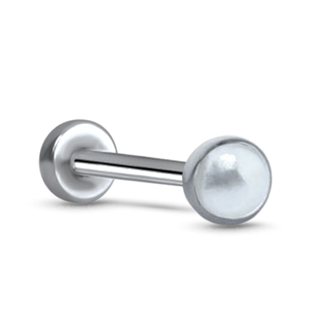 titanium push pin labret stud featuring a bezel set faux pearl design