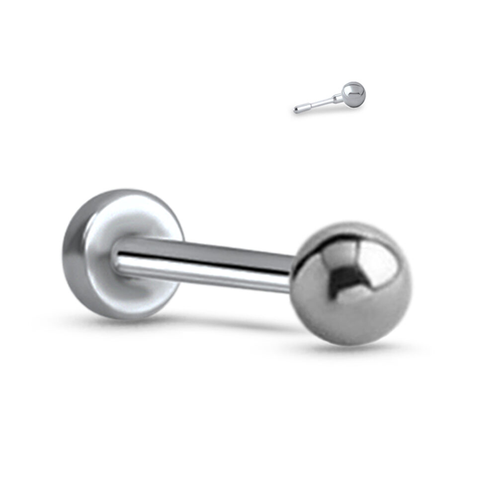titanium push pin labret stud featuring a 2mm surgical steel ball insert, showing the back of the insert