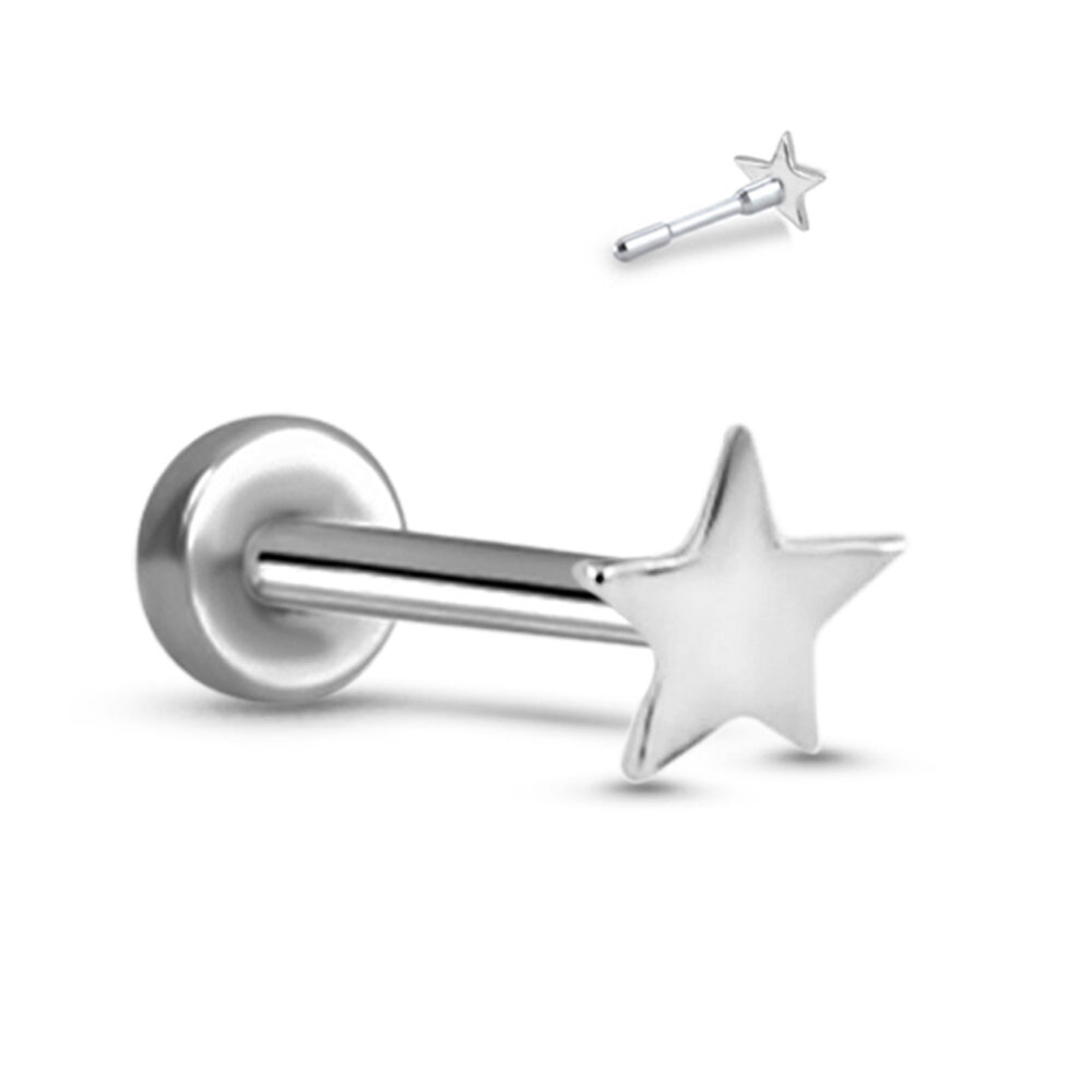 Star Labret Style Threadless Push Pin Titanium, 14K White, Yellow Gold Stud 18G - Image 2
