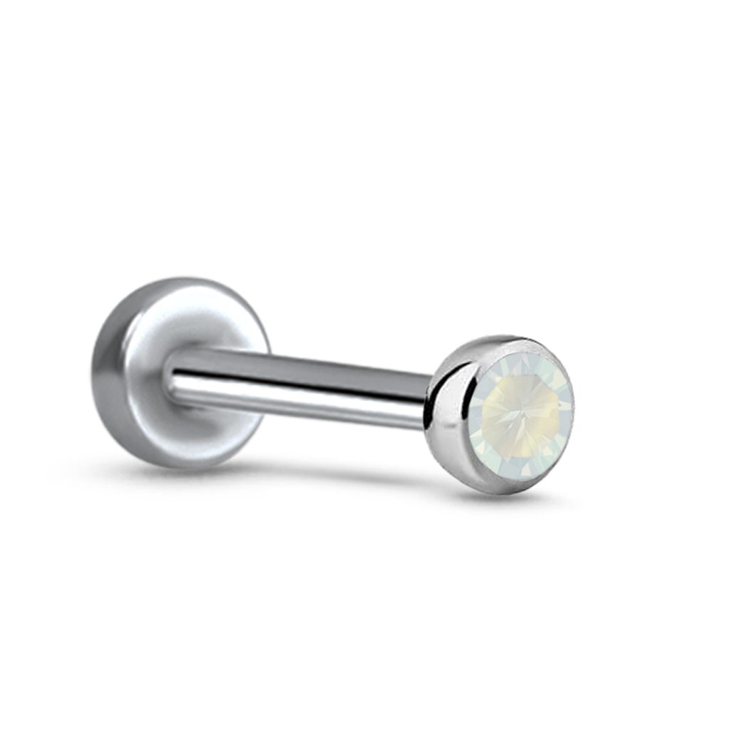 titanium push pin labret stud featuring a surgical steel insert with a 2mm faux white opal stone