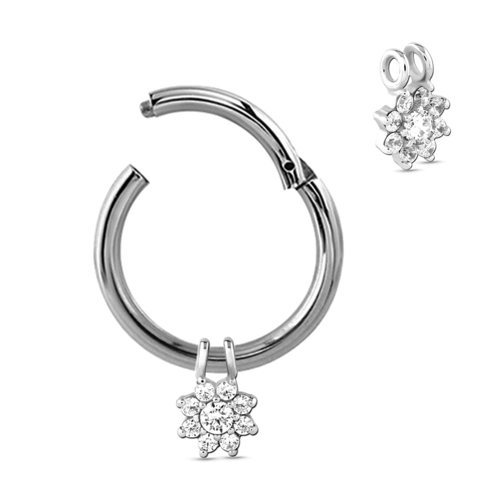 titanium clicker hoop with a flower charm showing the clicker open and an angled view of the charm