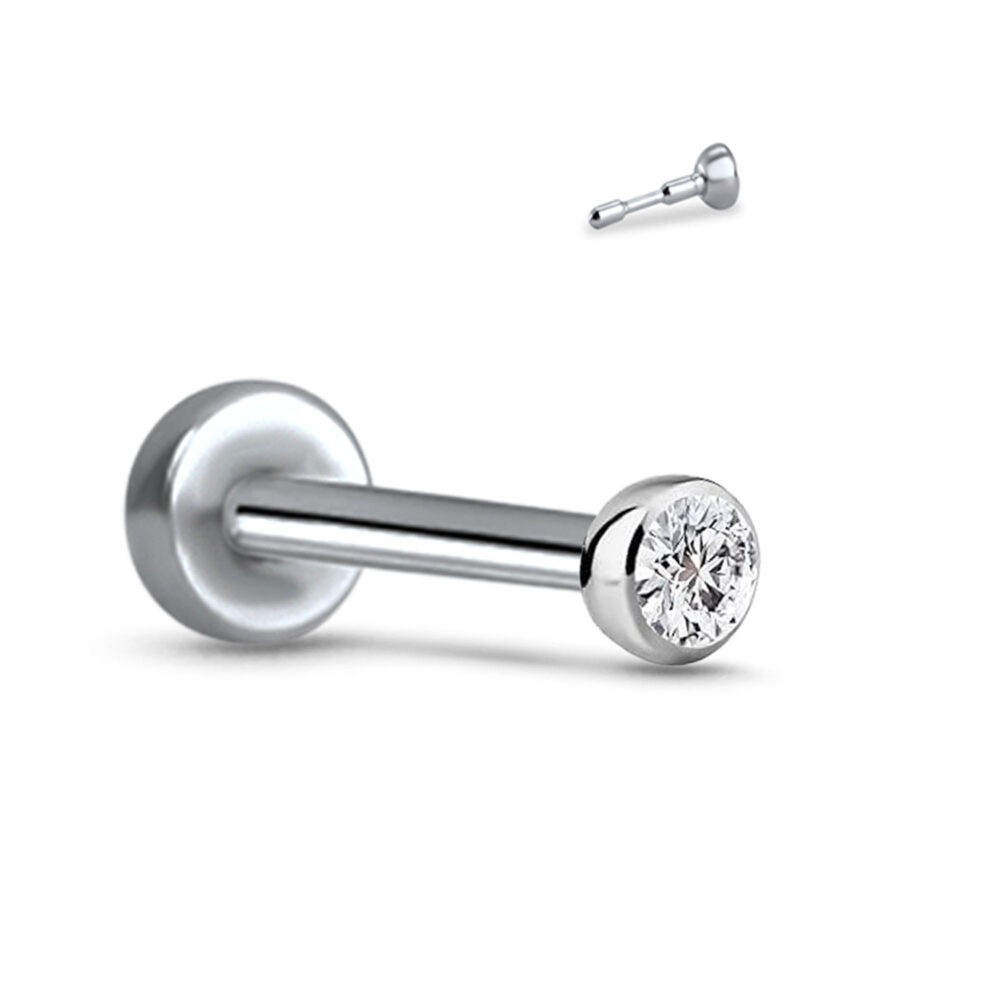 Bezel CZ Labret Style Threadless Push Pin Titanium, Surgical Steel Stud 18G - Image 2