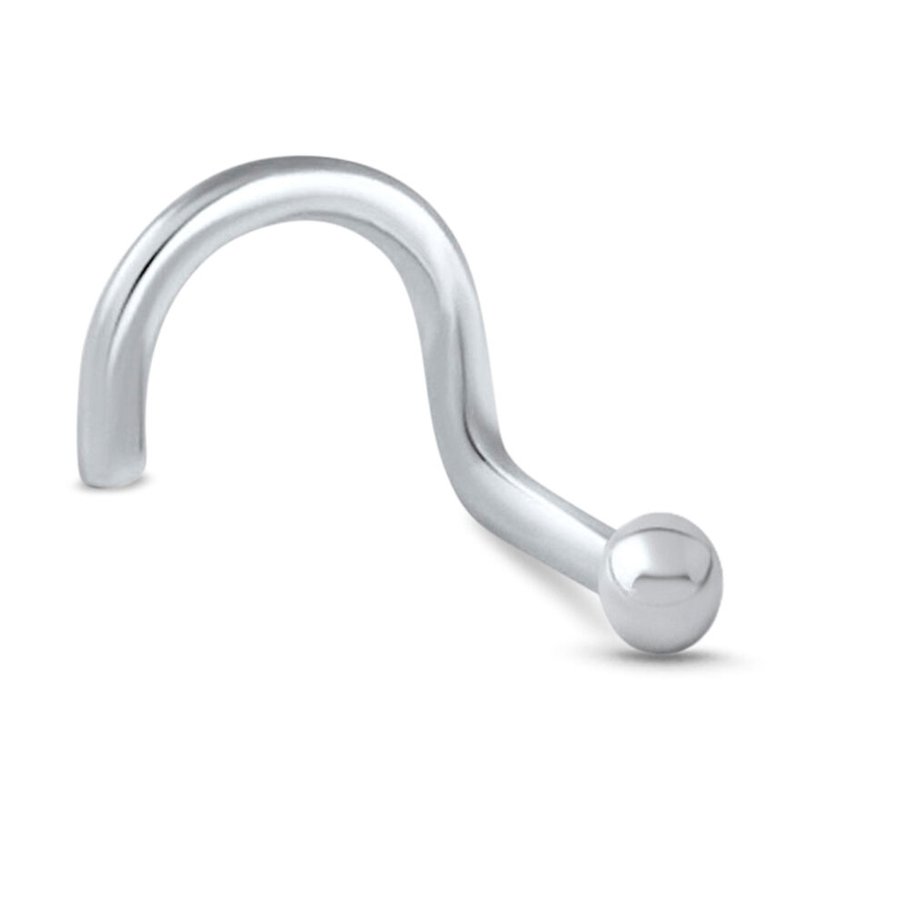 white gold nose stud featuring a 2mm ball design in a right nostril screw style