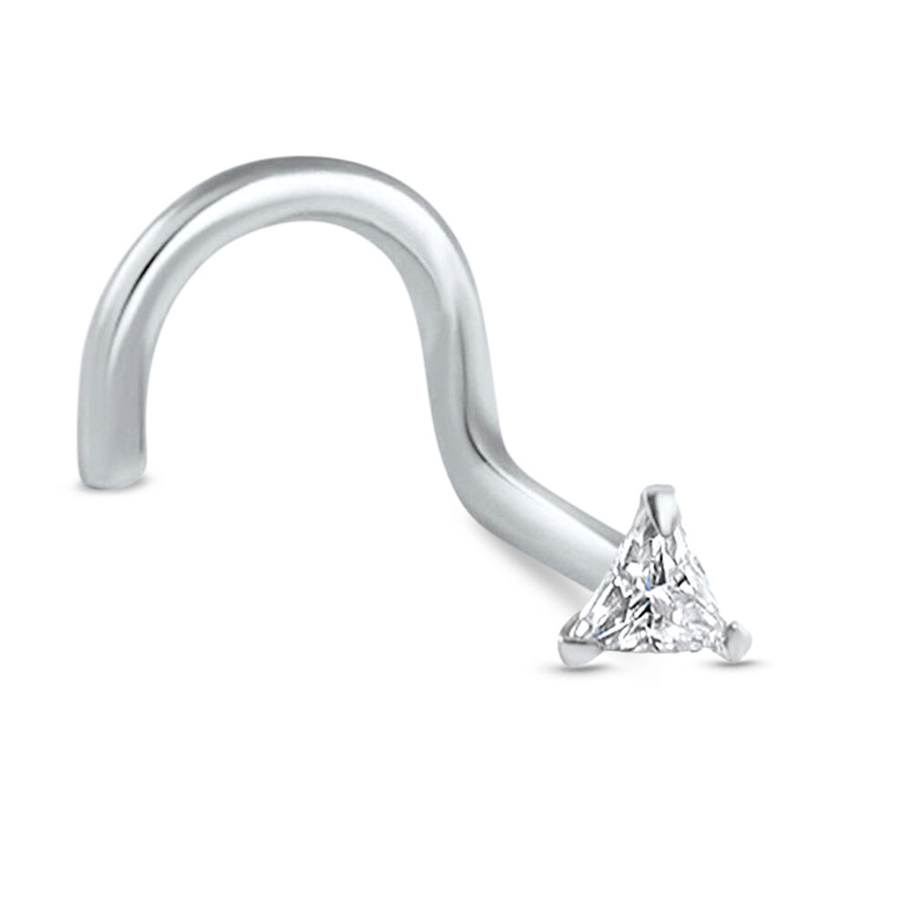 White Gold Nose Stud Right Nose Screw Featuring a Clear Triangle