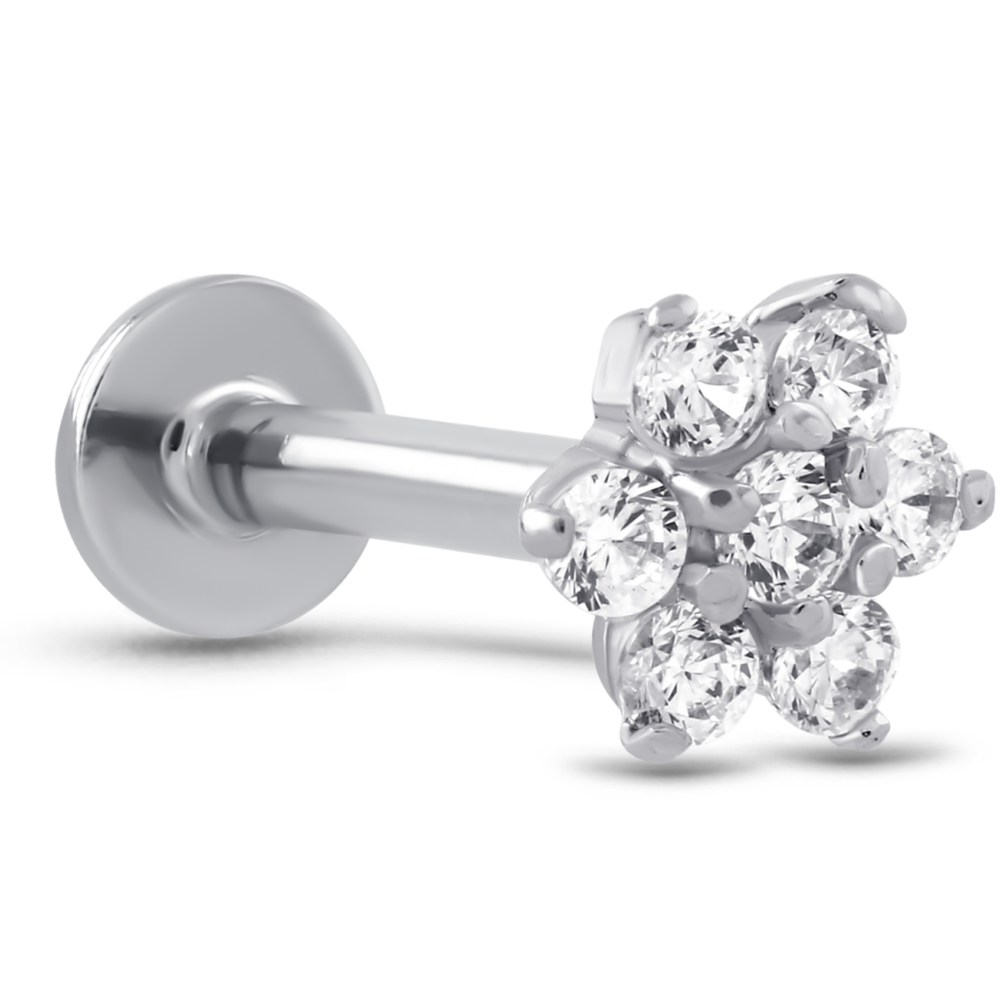 Flower CZ Labret Threadless Push Pin Stud 14K White, Yellow, Rose Gold