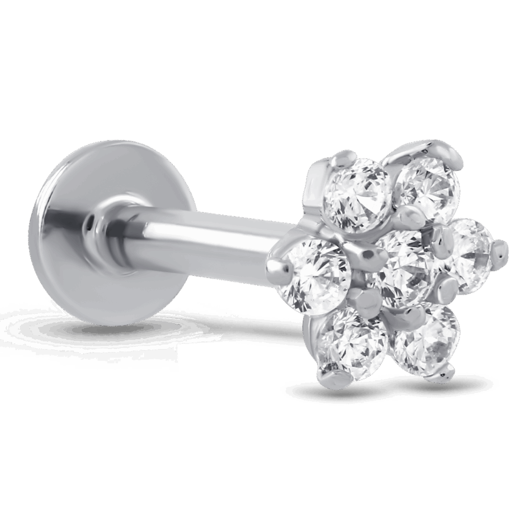 Flower CZ Labret Threadless Push Pin Stud 14K White, Yellow, Rose Gold