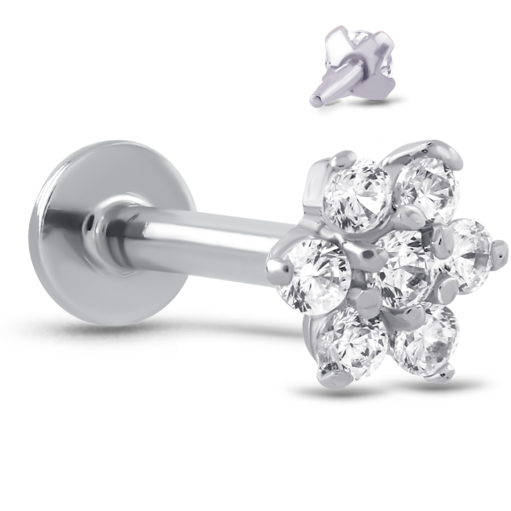 Flower CZ Labret Threadless Push Pin Stud 14K White, Yellow, Rose Gold - Image 2