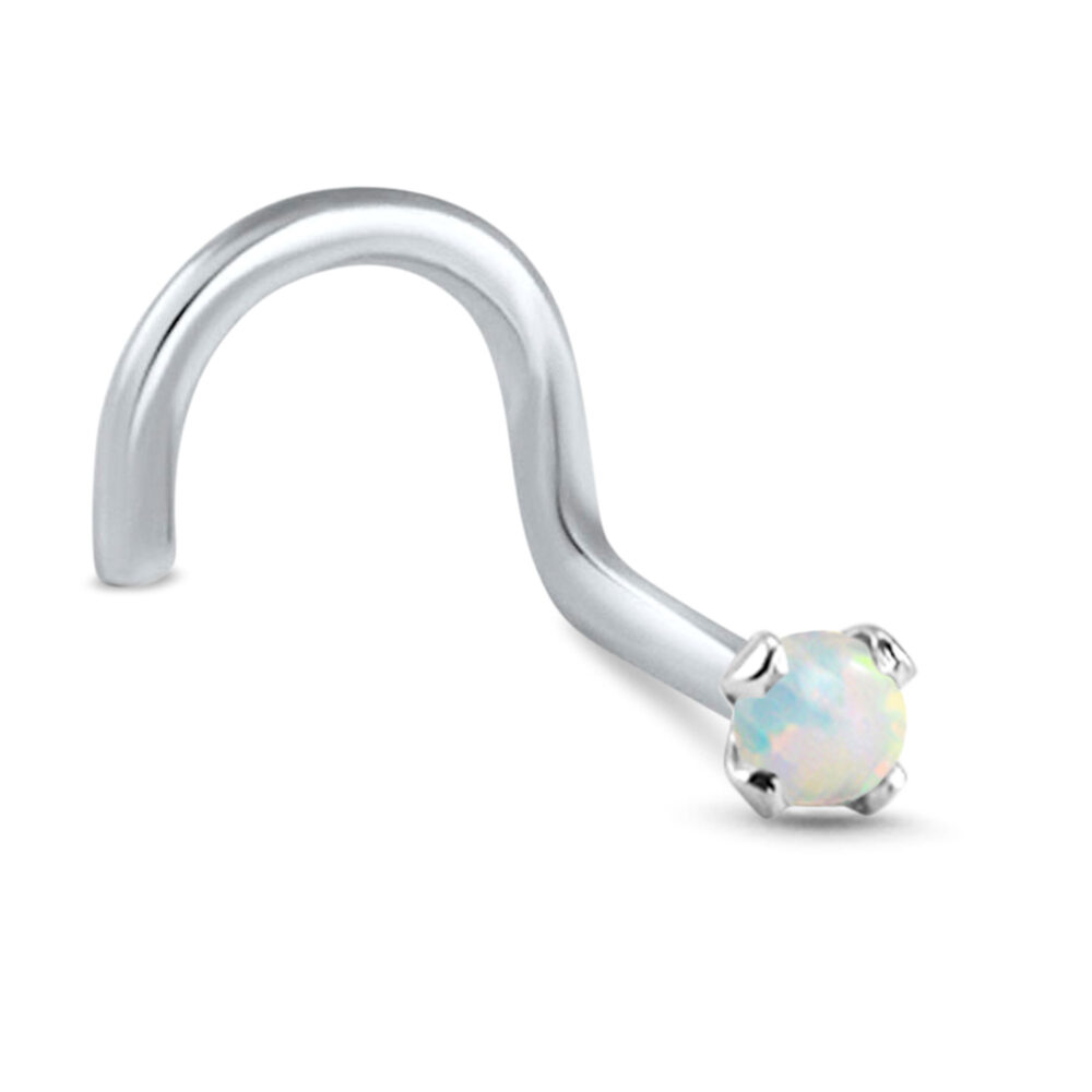 white gold right nostril screw nose stud featuring a 2mm prong set faux white opal stone
