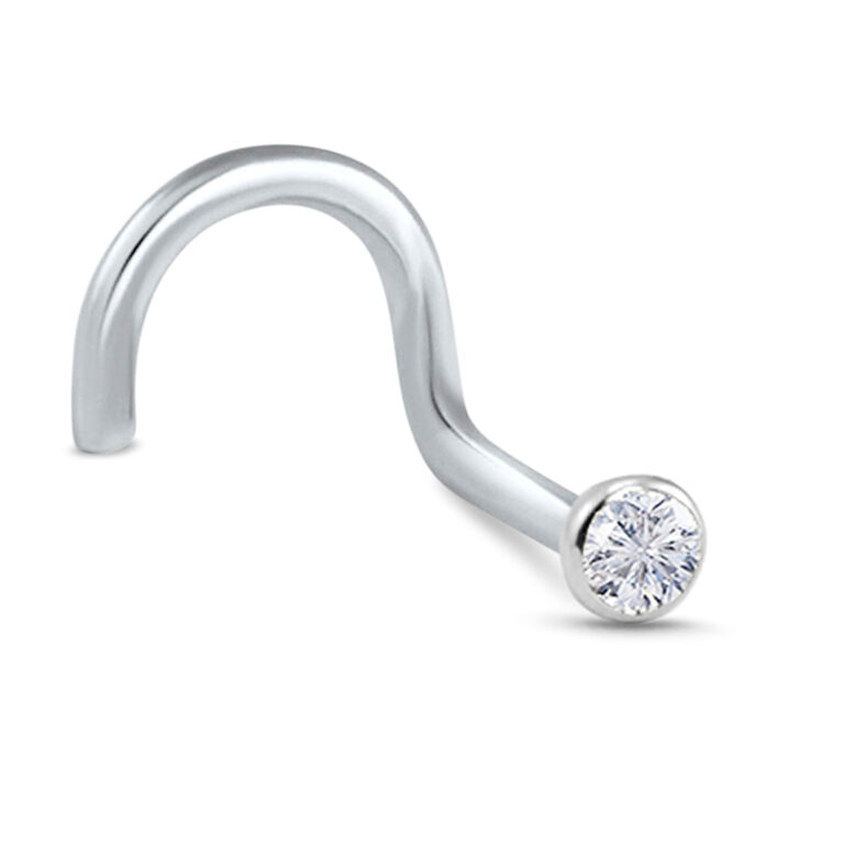 white gold right nostril screw nose stud featuring a 2mm clear bezel set stone