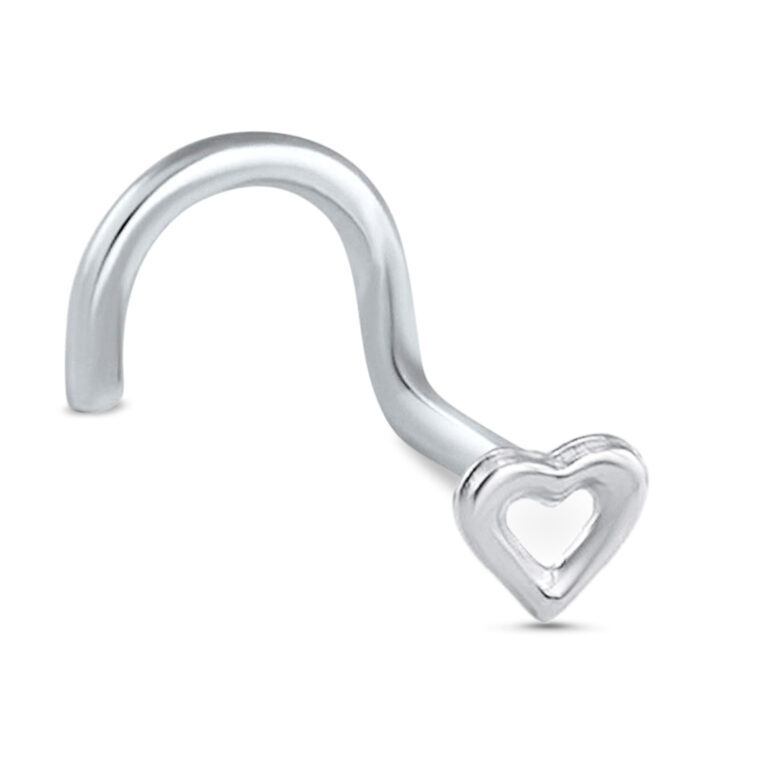 white gold right nostril screw nose stud featuring a hollow heart design