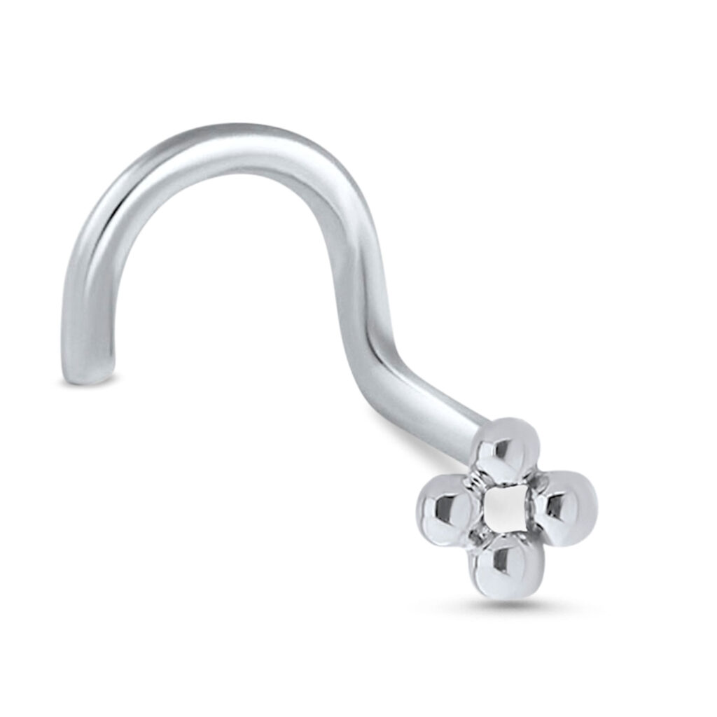 white gold right nostril screw nose stud featuring a ball cluster design