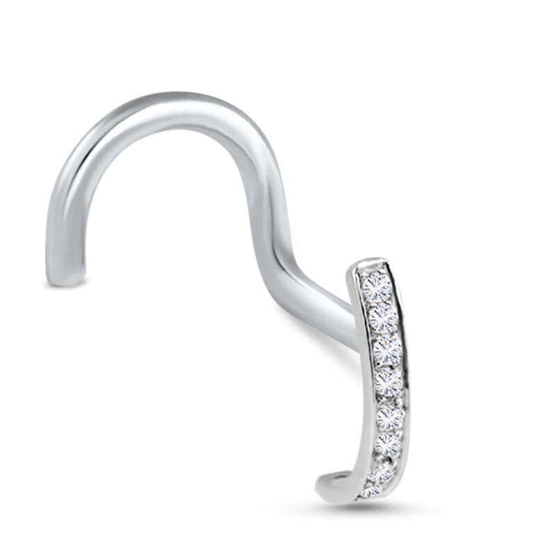 white gold right nostril screw nose stud featuring a 10 clear cz stone design