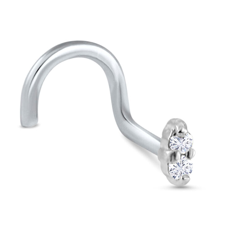 white gold right nostril screw nose stud featuring a 2 stone design