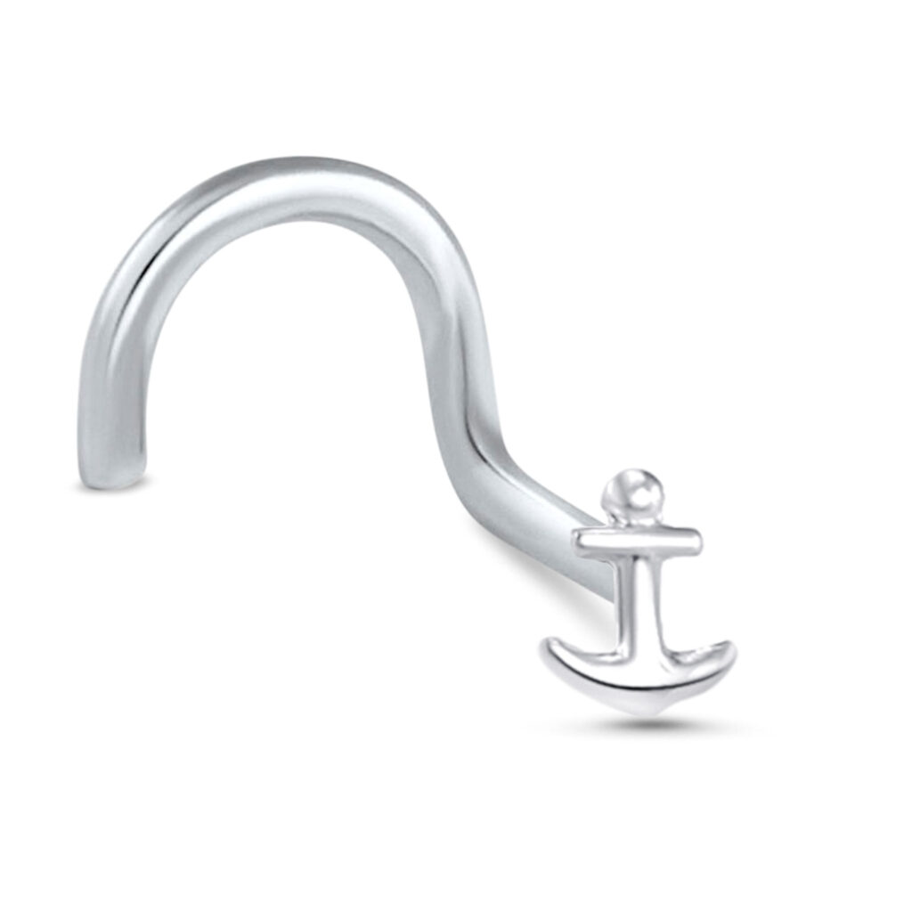 white gold right nostril screw nose stud featuring an anchor design