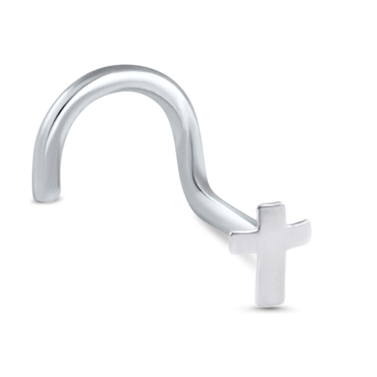 white gold right nostril screw nose stud featuring a cross design