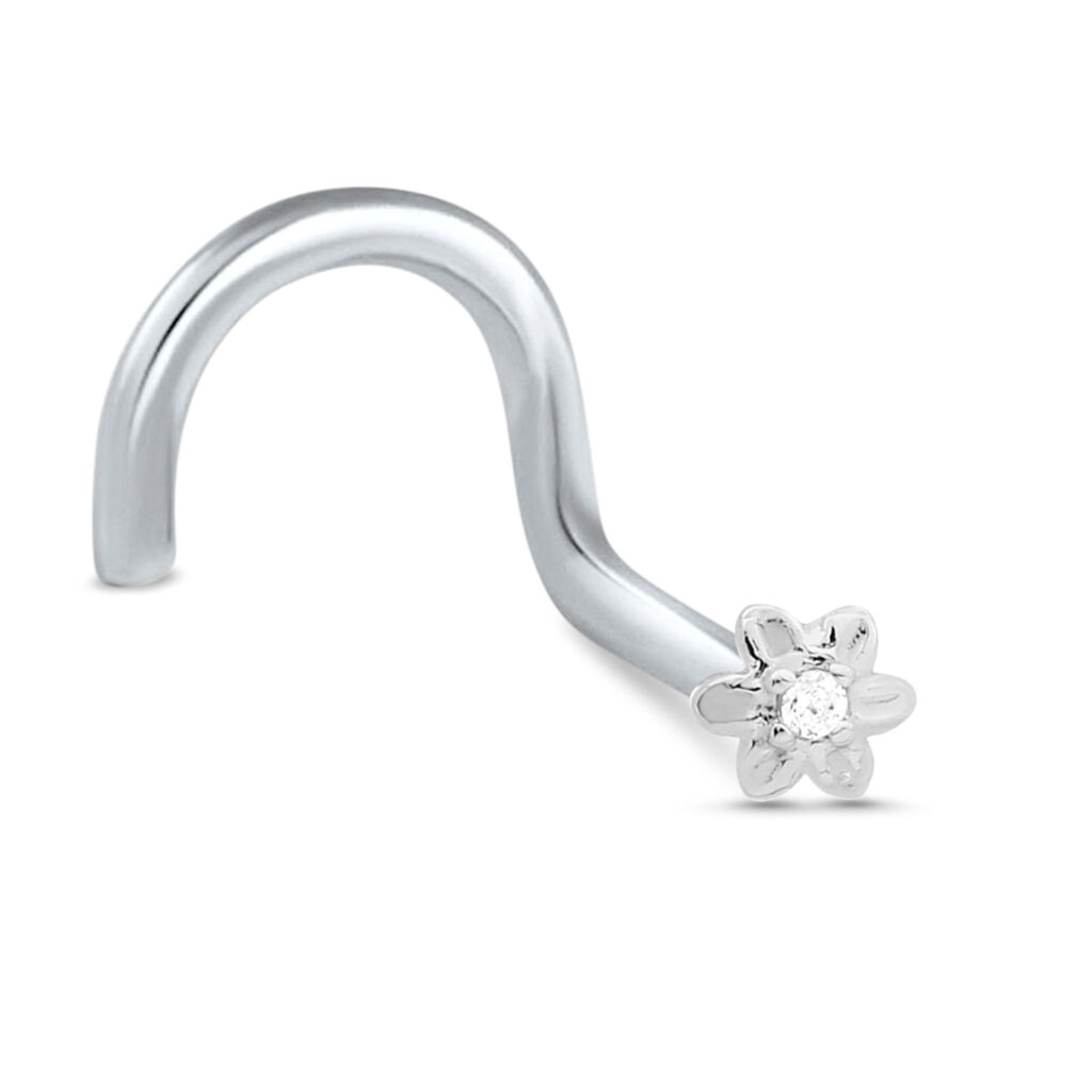 white gold right nostril screw nose stud featuring a flower design with a clear stone