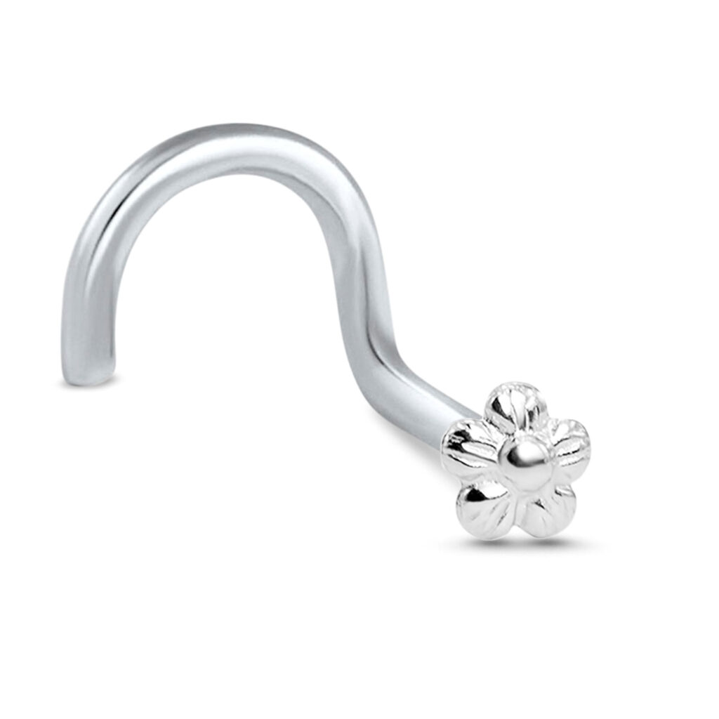 white gold right nostril screw nose stud featuring a flower design