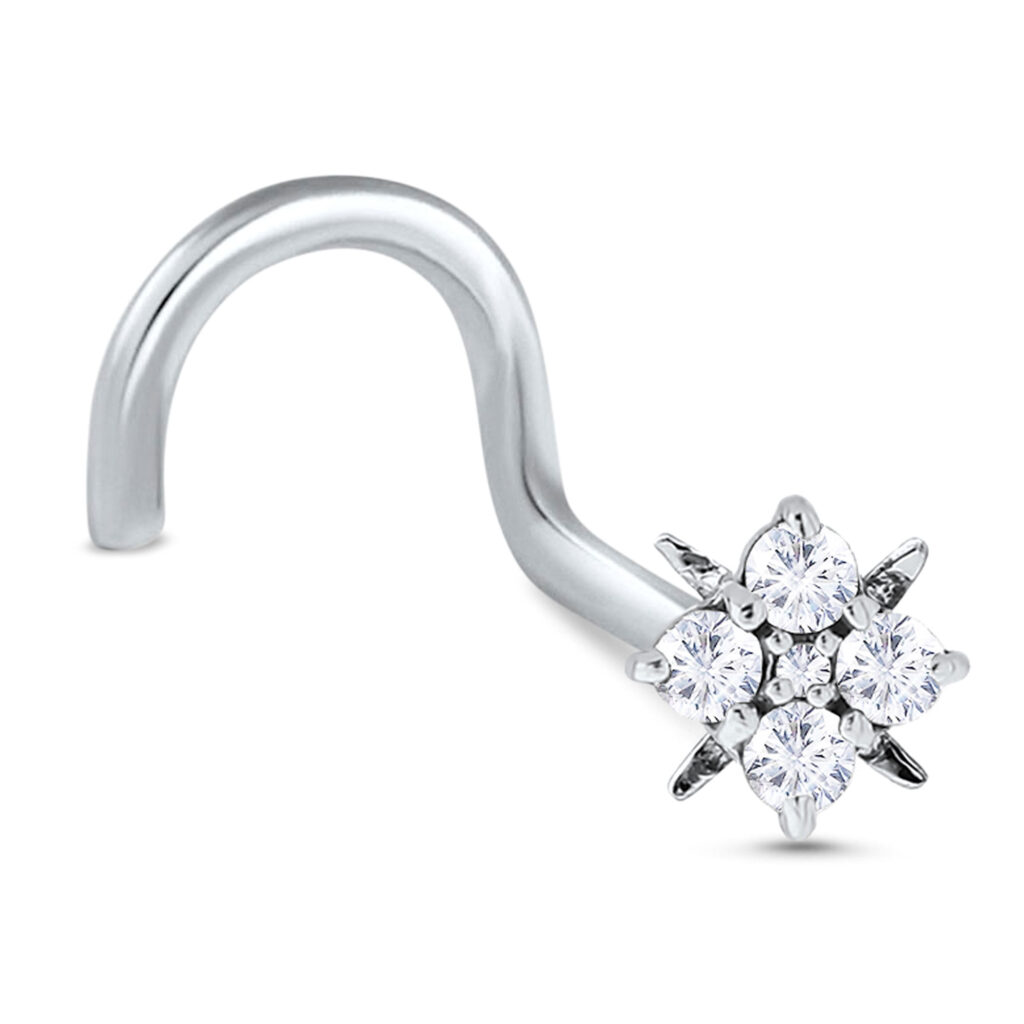 white gold right nostril screw nose stud featuring a flower cluster design