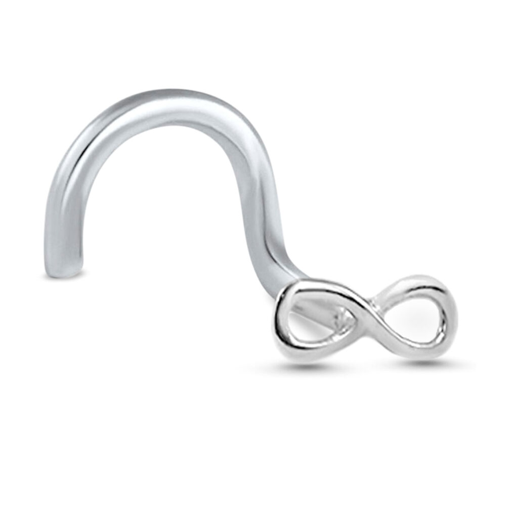 white gold right nostril screw nose stud featuring an infinity design