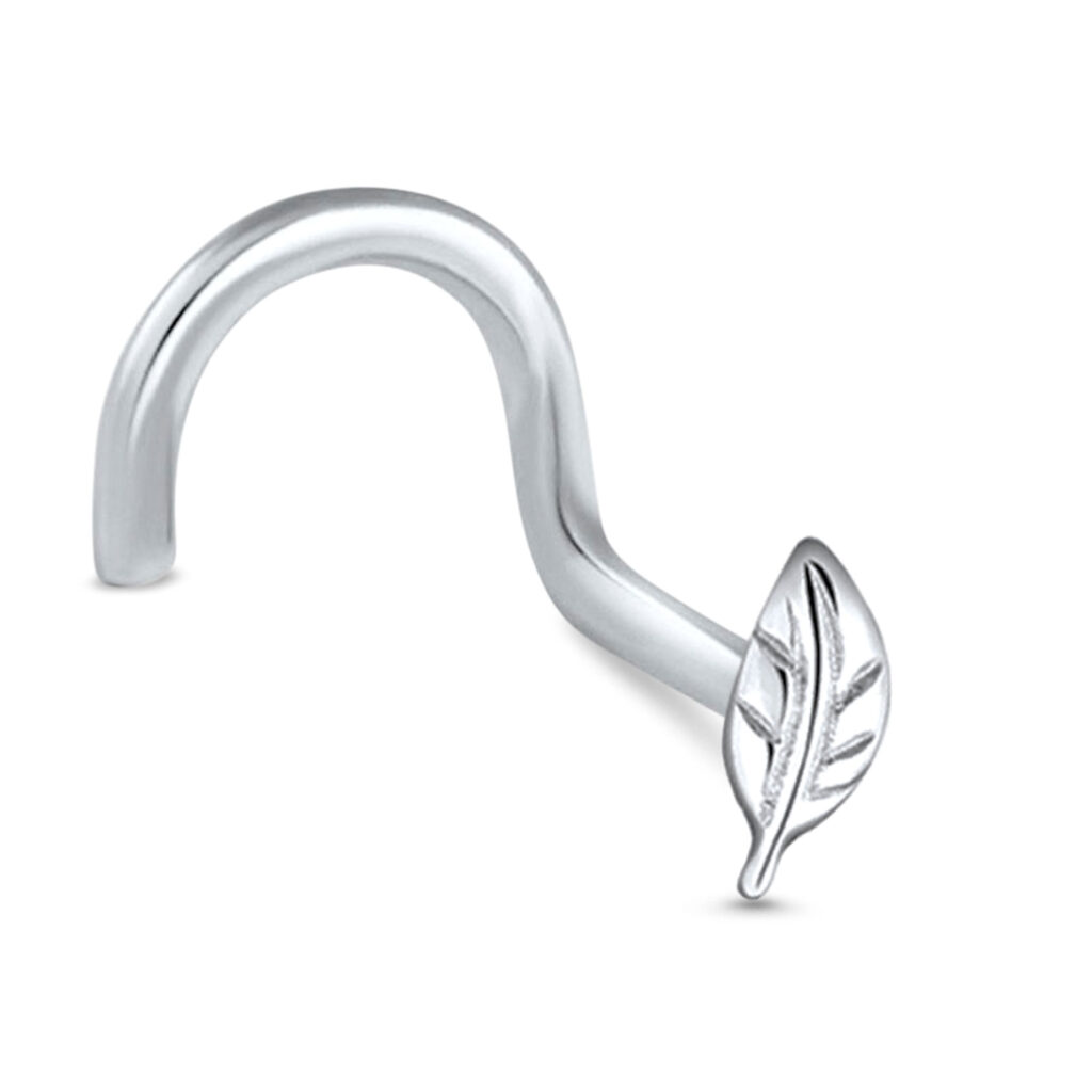 white gold right nostril screw nose stud featuring a leaf design