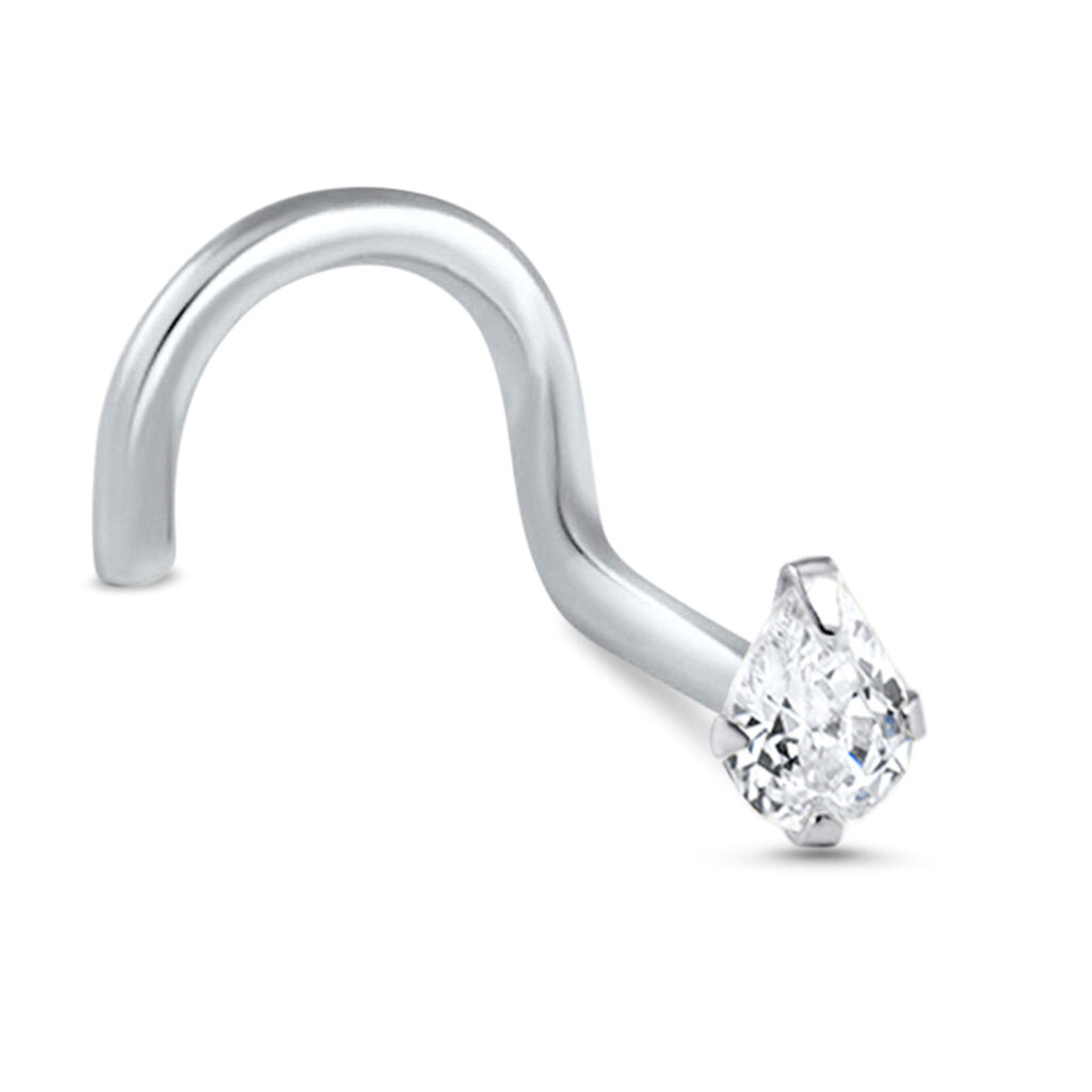 white gold right nostril screw nose stud featuring a pear design with a clear stone