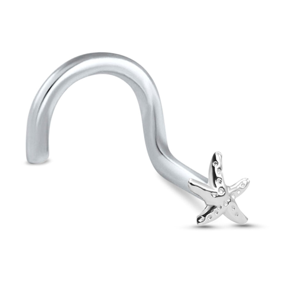 white gold right nostril screw nose stud featuring a starfish design