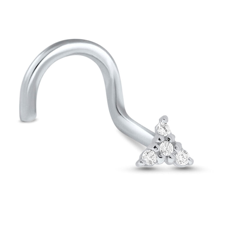 white gold right nostril screw nose stud featuring a 3.5mm trinity design with 4 clear stones