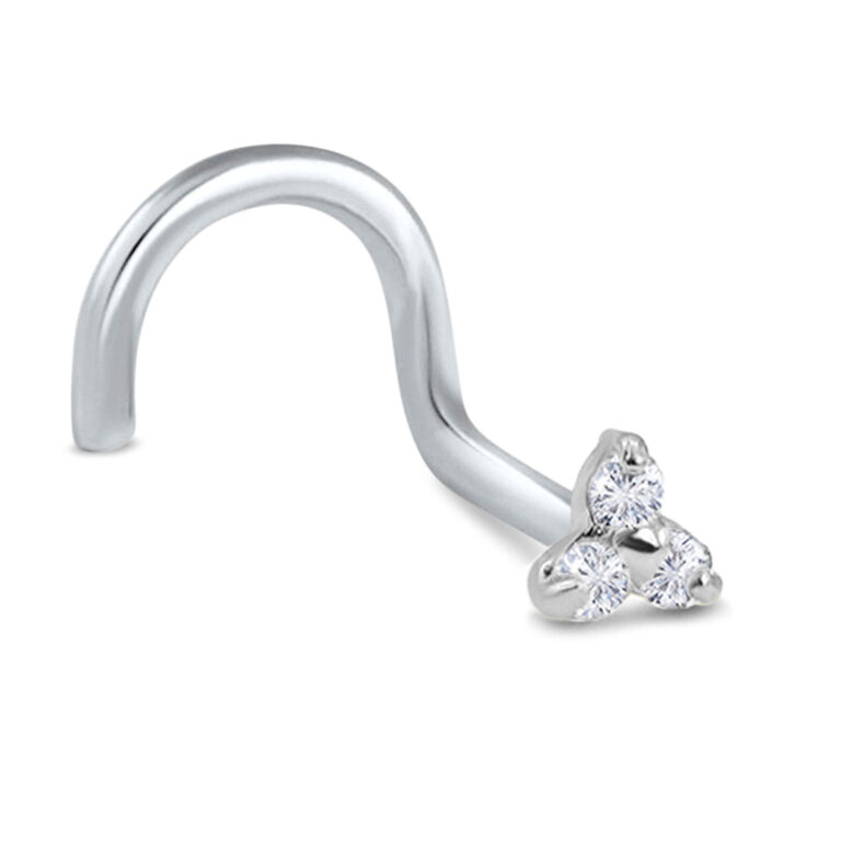 white gold right nostril screw nose stud featuring a 3 stone trinity design