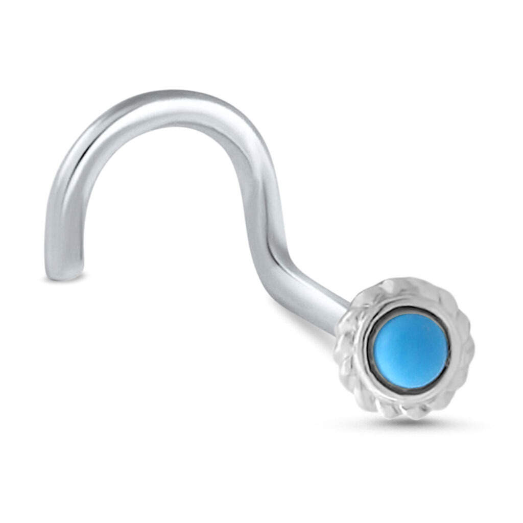 white gold right nostril screw nose stud featuring a flower design with a turquoise center stone