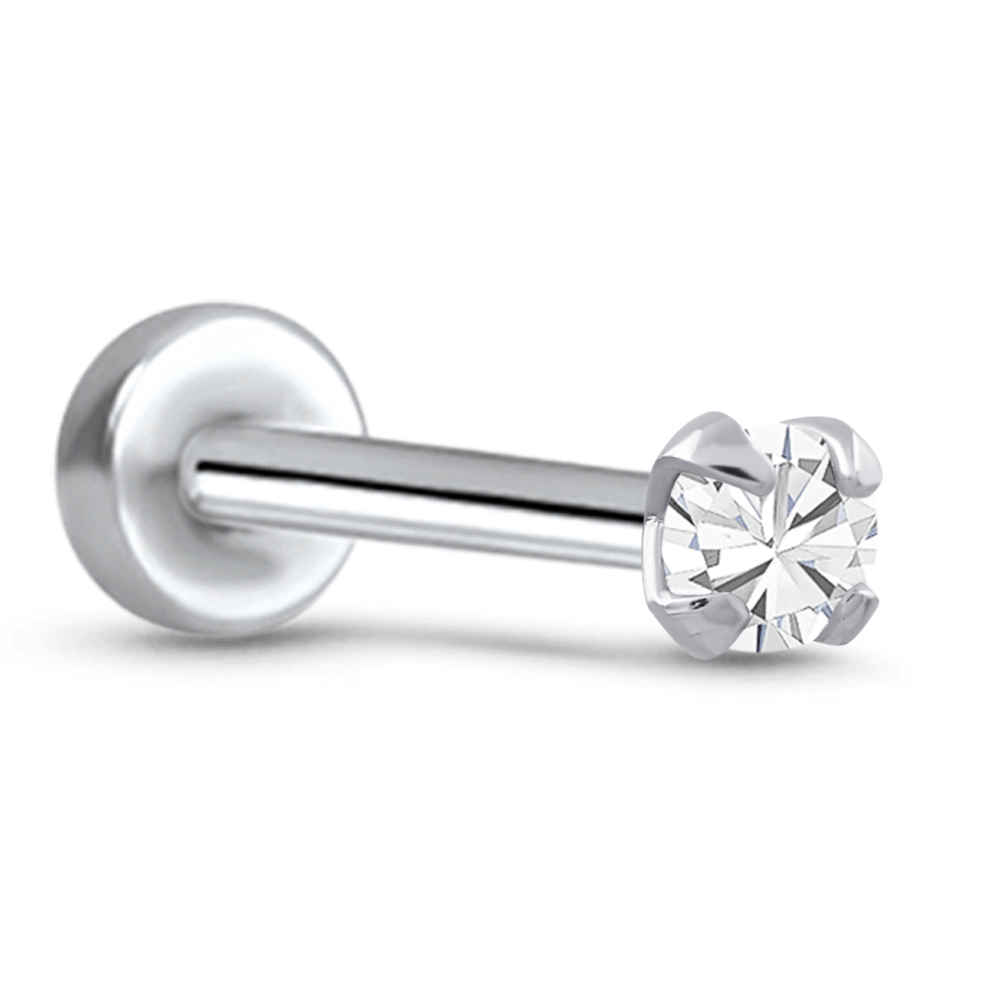 Prong CZ Labret Screw Post Stud 14K White, Yellow, Rose Gold 316L Surgical Steel