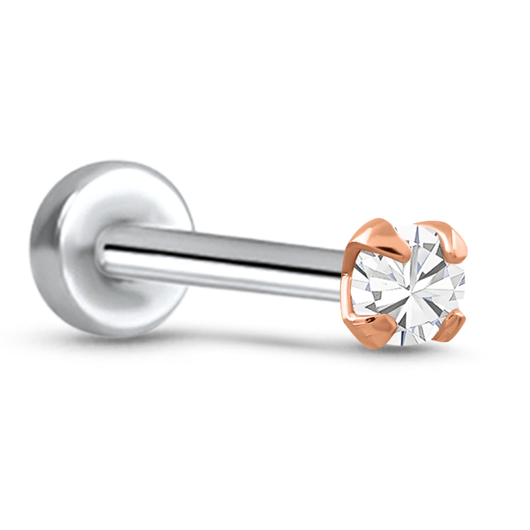 Prong CZ Labret Screw Post Stud 14K White, Yellow, Rose Gold 316L Surgical Steel