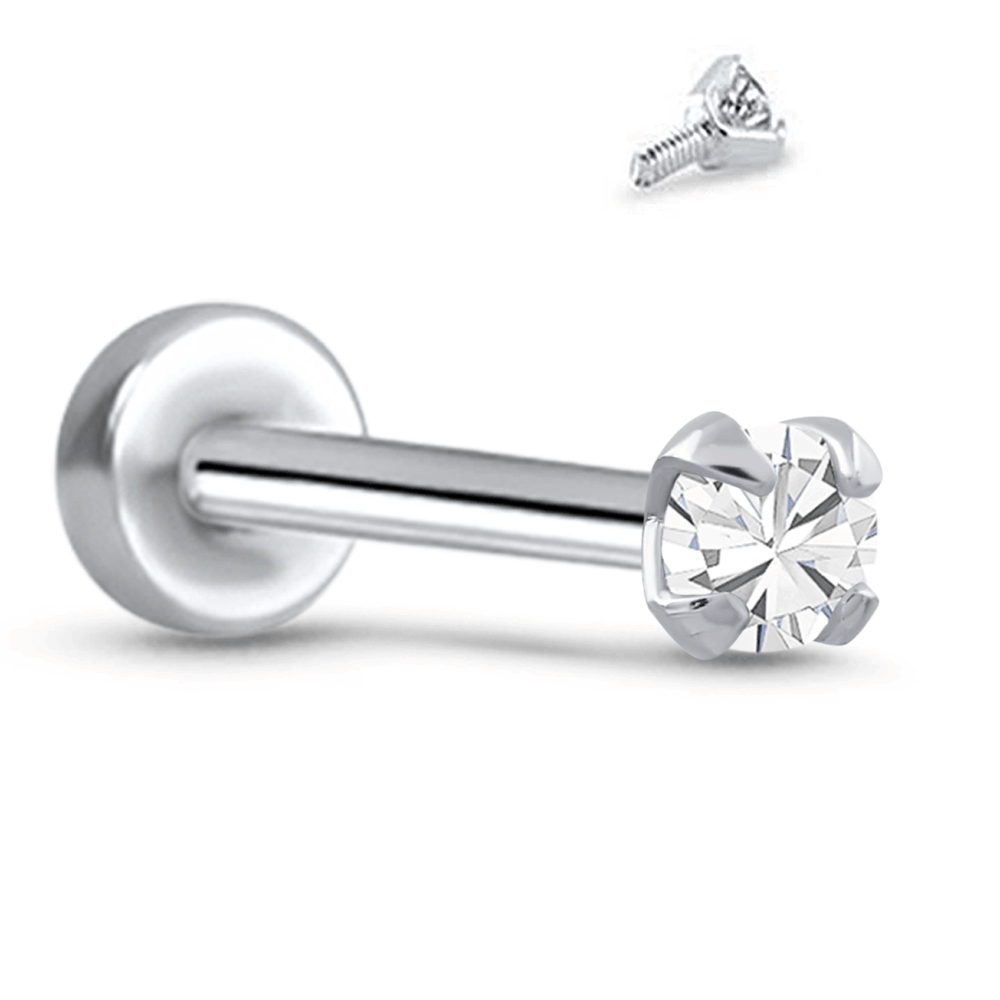 Prong CZ Labret Screw Post Stud 14K White, Yellow, Rose Gold 316L Surgical Steel - Image 2