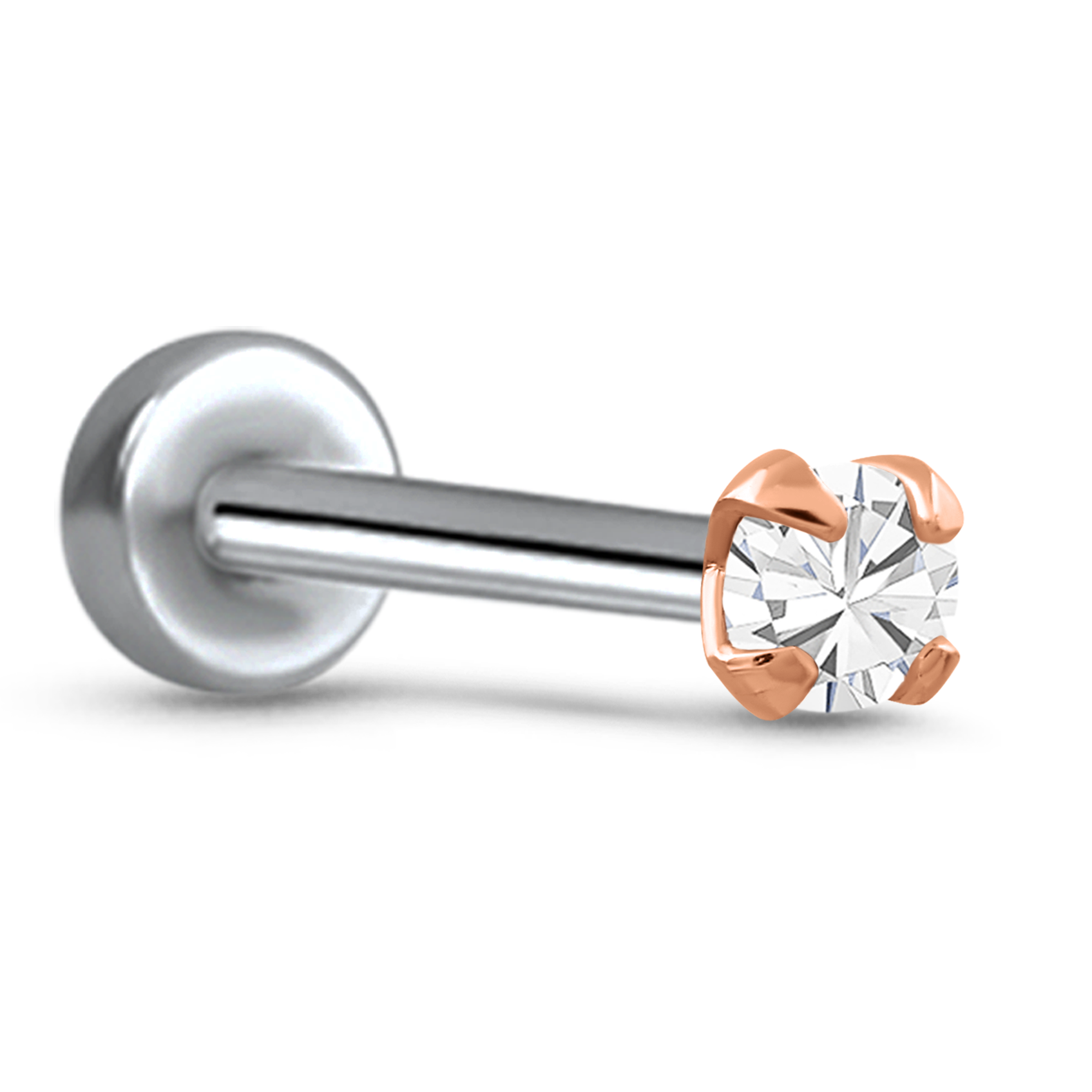 Prong CZ Labret Screw Post Stud 14K White, Yellow, Rose Gold Titanium 16G