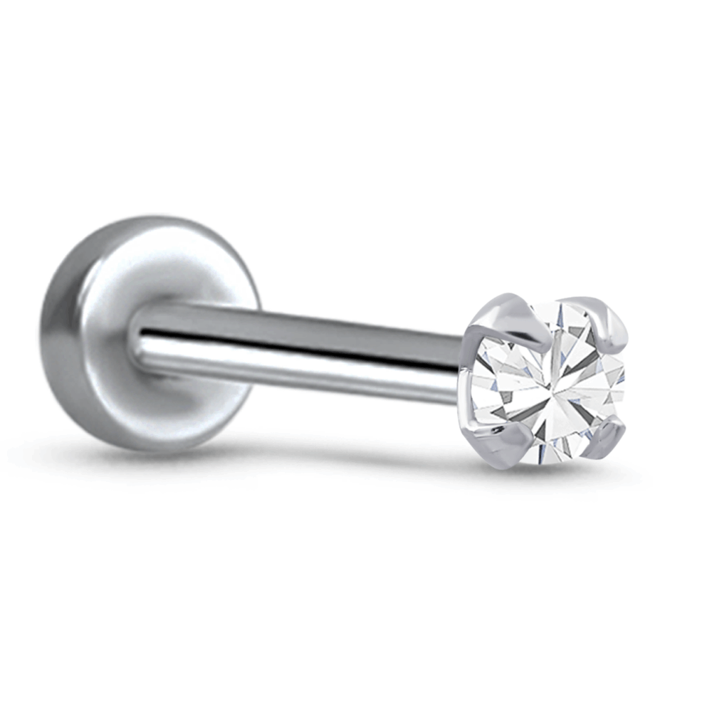 Prong CZ Labret Screw Post Stud 14K White, Yellow, Rose Gold Titanium 16G
